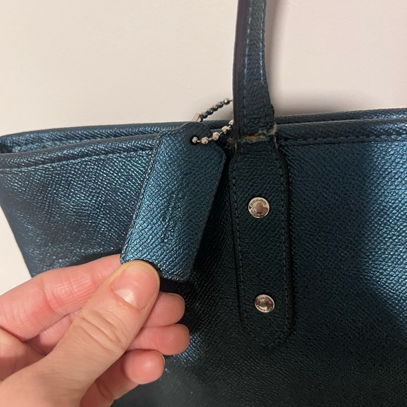 Coach Blue Pebbled Leather Tote Shoulder Bag Silver Logo Classic Everyday Purse - Picture 3 of 14